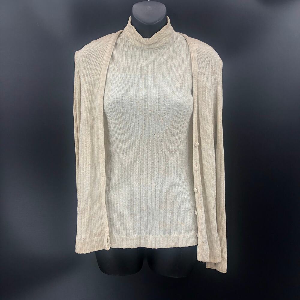 Adelaar 1960 2 piece Vintage Sleeveless Shirt Cardigan Silver Tan Set Womens 10